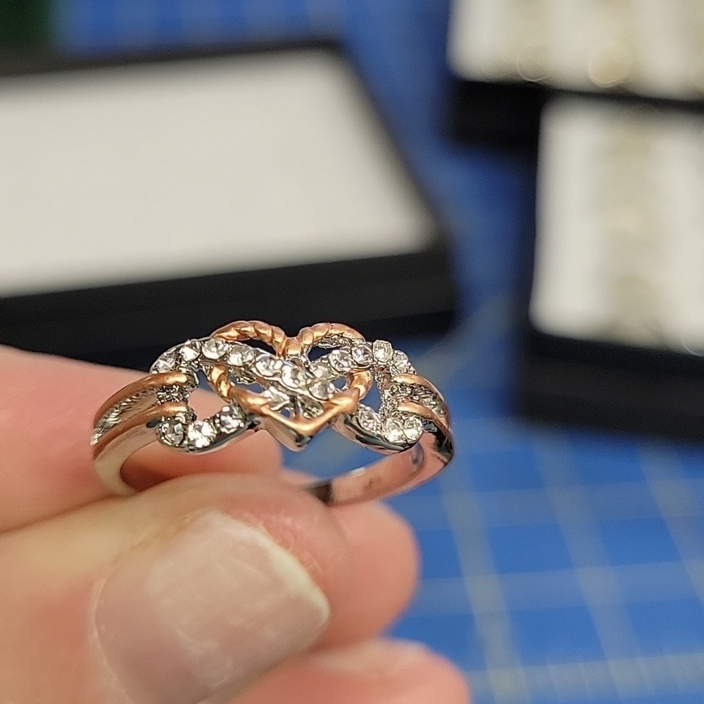 Silver Tone & Copper Heart Rhinestone Ring Size 9